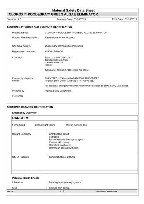 (PDF) Material Safety Data Sheet CLOROX POOL&SPA
