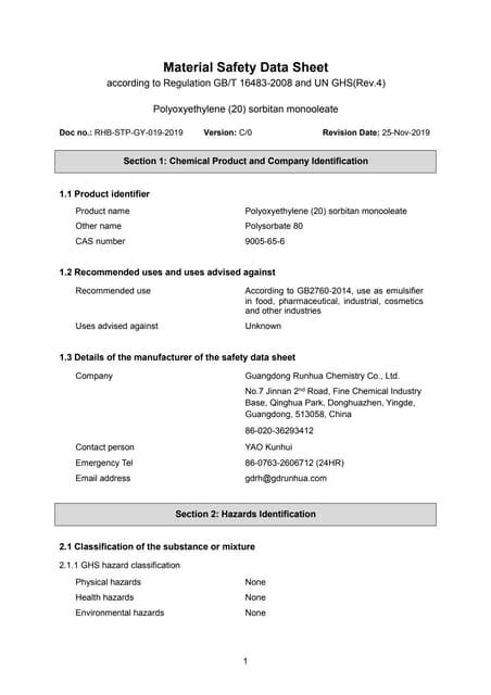 (PDF) Material Safety Data Sheet POLYSORBATE 80 MSDS Section 1
