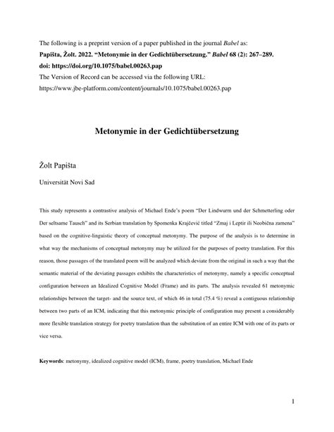 (PDF) Metonymie in der Gedichtübersetzung [Metonymy in