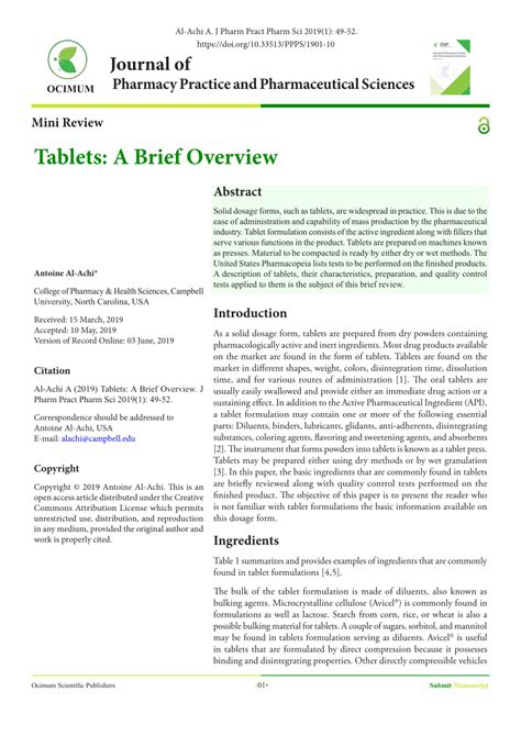 (PDF) Mini Review Tablets: A Brief Overview Journal of Pharmacy ...