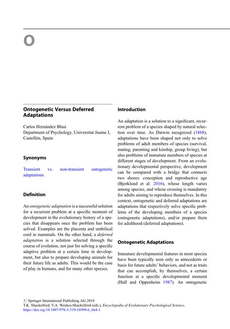 (PDF) Ontogenetic Versus Deferred Adaptations - ResearchGate