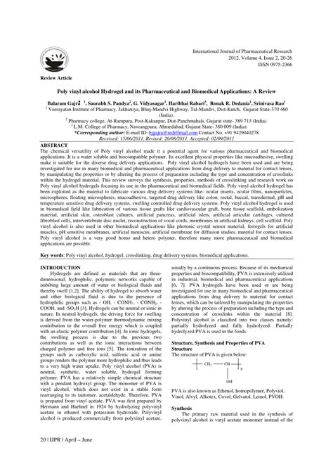 (PDF) Poly vinyl alcohol Hydrogel and its Pharmaceutical