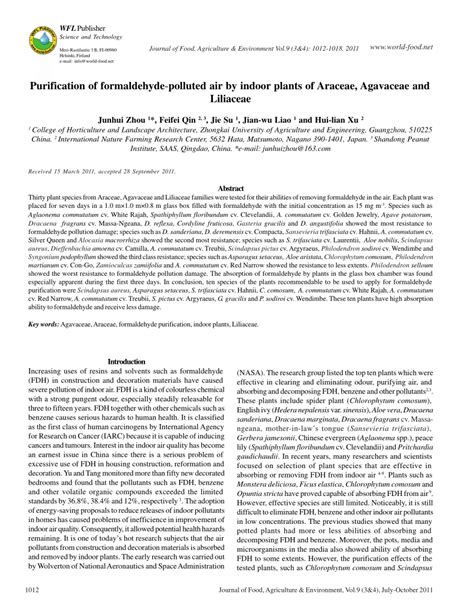 (PDF) Purification of formaldehyde-polluted air by indoor …