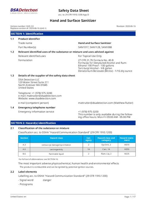 (PDF) Safety Data Sheet Hand and Surface Sanitizer...Formulas for