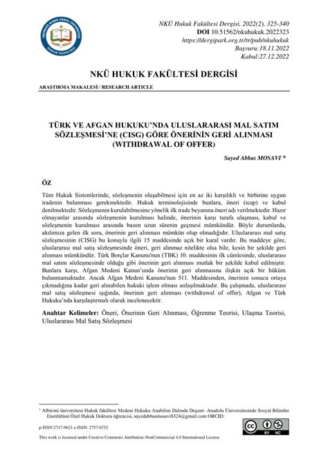 (PDF) Türk Ve Afgan Hukuku’Nda Uluslararasi Mal Satim Sözleşmesi̇ (Cisg …