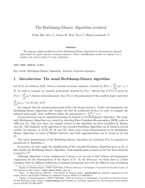 (PDF) The Berlekamp-Massey Algorithm revisited