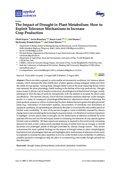 (PDF) The Impact of Drought in Plant Metabolism: How to Exploit ...