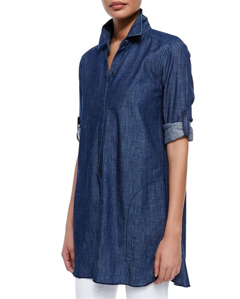 *Size 20* Blue Patterned Chambray Cotton Denim Longline Tunic Shirt …