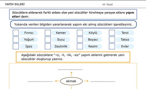 4 sınıf türkçe yapım ekleri testi