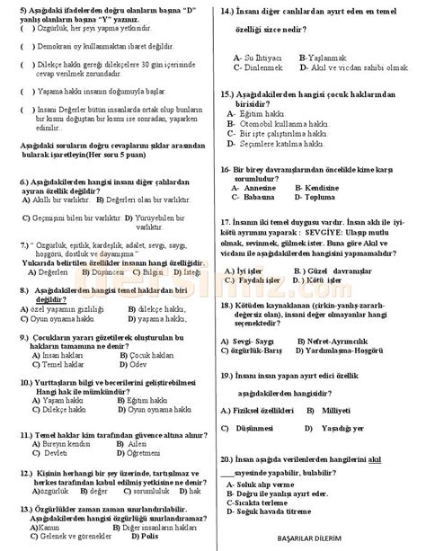 4.sınıf 1.dönem 1.yazılı insan hakları testi çöz