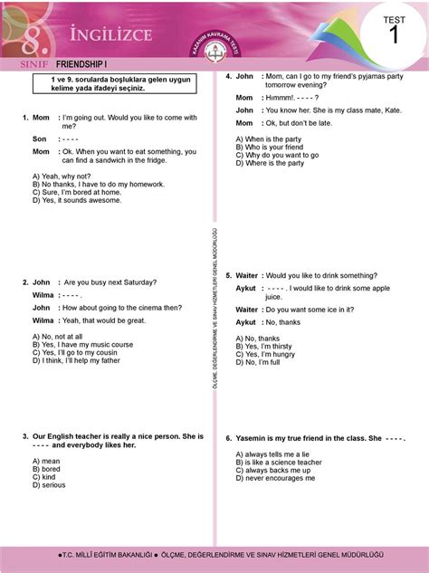 8. sınıf ingilizce 1. ünite yeni nesil sorular pdf