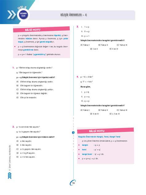 9.sınıf matematik mantık test