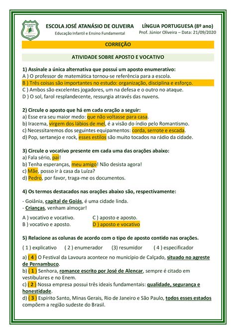 exercicio online sobre aposto e vocativo 7º ano