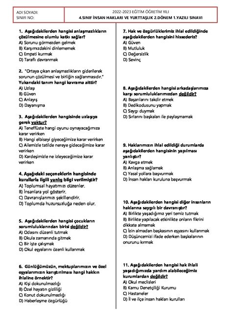 insan hakları 4. sınıf 2. dönem 1. yazılı test