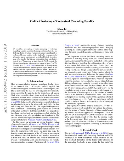 [1711.08594] Online Clustering of Contextual Cascading Bandits