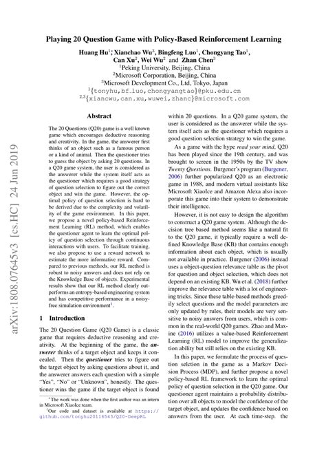 [PDF] Playing 20 Question Game with PolicyBased Reinforcement Learning