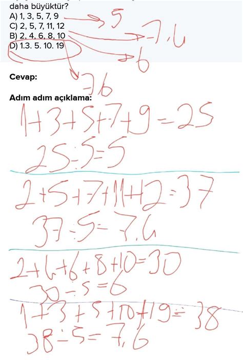 Örneğin, toplamı 30 olan 2, 3, 3, 5, 7 ve 10 sayıları 6'ya bölündüğünde 5 elde edilir.