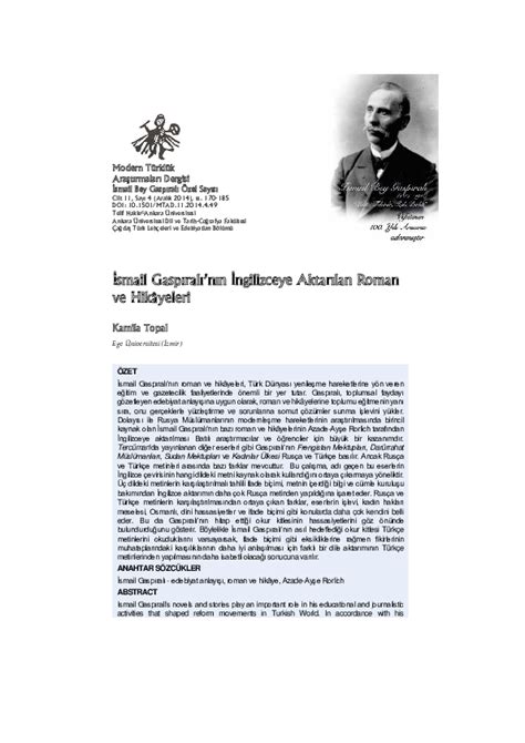 İsmail Gaspıralı’nın İngilizceye Aktarılan Roman ve Hikâyeleri. 