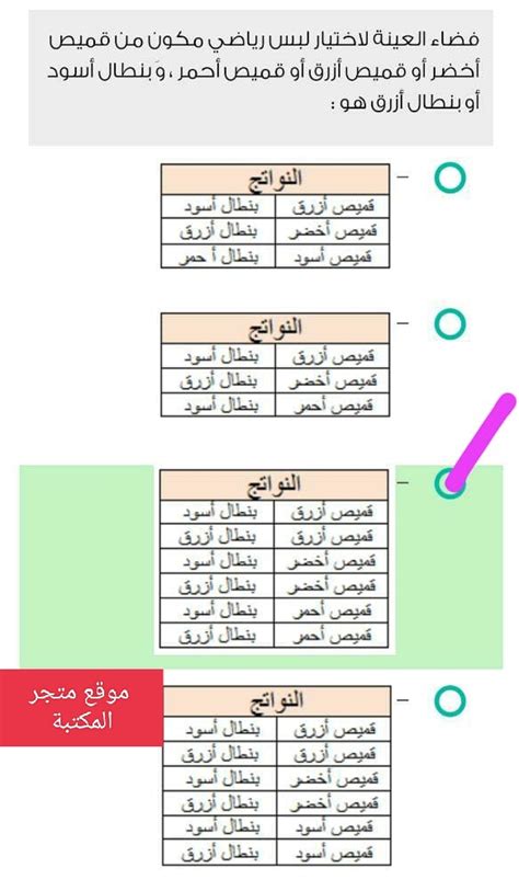 فضاء العينة لاختيار لبس رياضي مكون من قميص اخضر. - بيت العلم