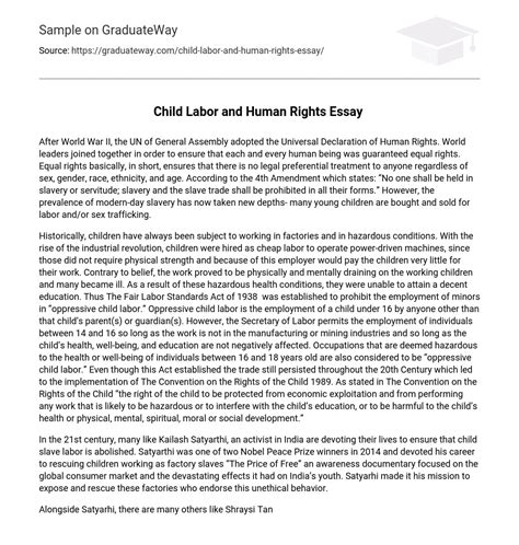 ⇉Child Labor Journal entry Essay Example GraduateWay