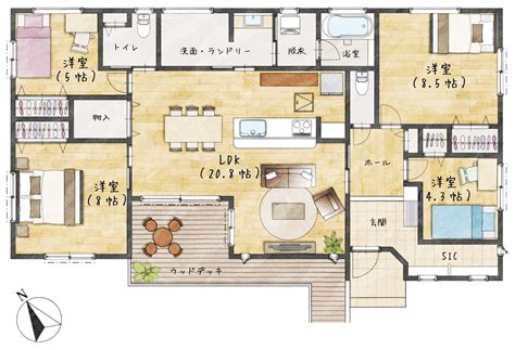 【平屋の間取り4LDK】おしゃれで解放的な間取り案イラスト