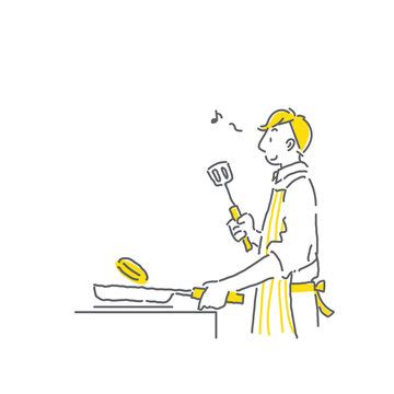 料理を楽しむ男性のシンプルでおしゃれな手描きの線画イラスト Wall Mural Atelier Fmika