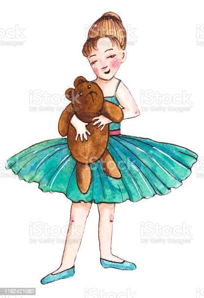 水彩イラスト かわいい小さなバレリーナ 青いドレスを着た若い女の子 踊る子 人形 白い背景にクリップアート のイラスト素材