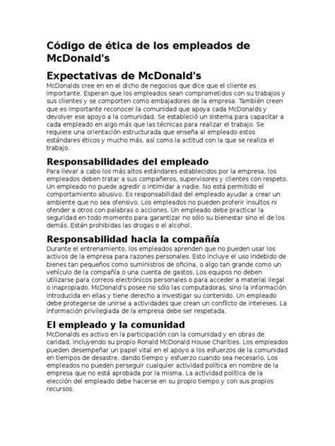 ﻿código de ética para empleados de mcdonald's