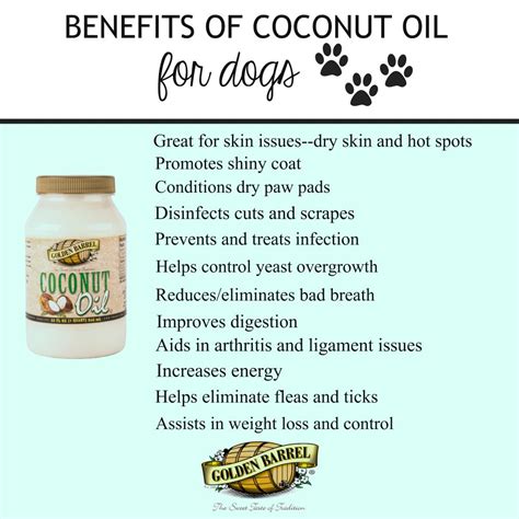  Coconut oil can be applied topically for a deep conditioning treatment great for dry skin! Here are just a few of the benefits of coconut oil for your dog: I definitely want these benefits for our Penny so I made these yummy treats for her that includes Golden Barrel Coconut Oil , peanut butter and cinnamon