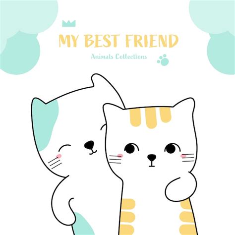  Flat cute animal cat with best friend illustration for kids