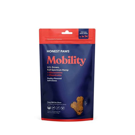  Honest Paws Dog Treat The Honest Paws Mobility Soft Chews are made with full-spectrum oil and natural ingredients that specifically target arthritis symptoms, including chondroitin sulfate, glucosamine, hyaluronic acid, and Boswellia serrata