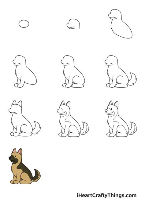  Just think: just 8 simple steps — and you will get the perfect picture of the dog in the German Shepherd style! You can also draw and other animals, because our site prepared for you so many lessons in drawing