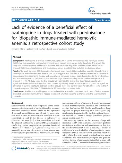  Lack of evidence of a beneficial effect of azathioprine in dogs treated with prednisolone for idiopathic immune-mediated hemolytic anemia: a retrospective cohort study