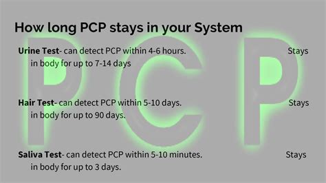  PCP will show on a urine test for up to 14 days, in a saliva test for up to 3 days, and on a hair test for up to 3 months