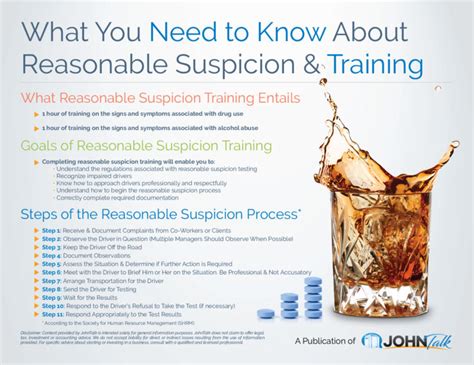  Reasonable suspicion is when workers are showing signs of intoxication at work enough to cause an employer to be suspicious and test them