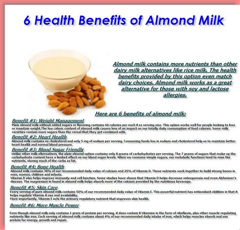  The health benefits of drinking almond milk include plenty of the B3 vitamin which helps with liver, eyes, skin, and fur