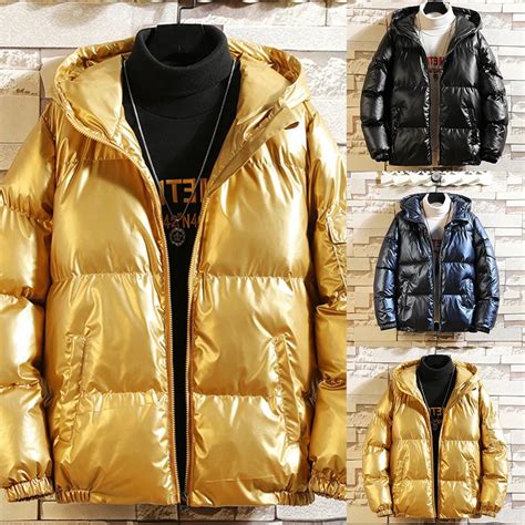 .Men Winter Wram Coat Shiny Ski Snow Thick Hooded Bubble …