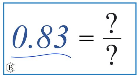 0.83 as a fraction. Nov 5, 2015 · Explanation: since 0.83 is in the hundredths place value after the decimal ( .83 out of the 1.00 whole), you can put it as 83/100. Answer link. you can put it into a fraction like 83/100 since 0.83 is in the hundredths place value after the decimal ( .83 out of the 1.00 whole), you can put it as 83/100. 