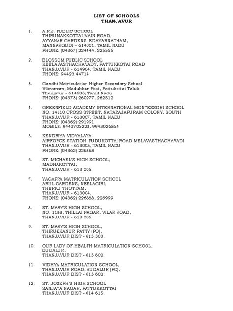 01 List of Schools in Thanjavur