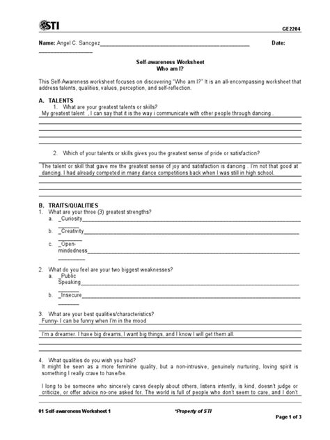 01_Selfawareness_Worksheet_1 PDF Self Awareness Psychology