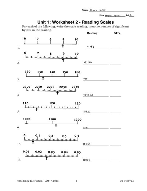 03 Ws2 Readscales Modeling Instruction Amta 2013 1 Unit 1 Worksheet 2 Reading Scales - Unit 1 Worksheet 2 Reading Scales