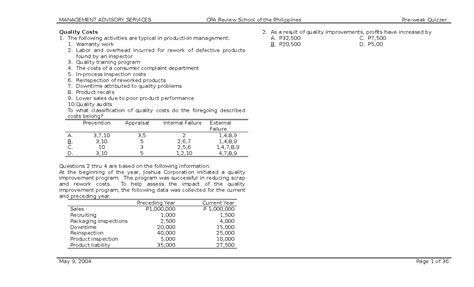 0405 MAS Preweek Quizzer - Quality Costs The following