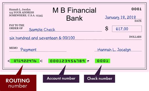 Routing Number 071922476 is the routing transit number of M B FINANCIAL BANK situated in ROSEMONT, IL. It is a nine digit bank code, used in the United States, which identifies the financial institution of the check on which it was drawn. Routing Numbers are also used for routing of funds to the destination bank in e-payments (ACH Routing .... 