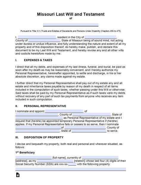 1+ Missouri Last Will and Testament Form Free Download