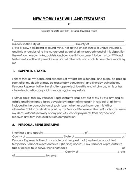 1+ New York Last Will and Testament Form Free Download
