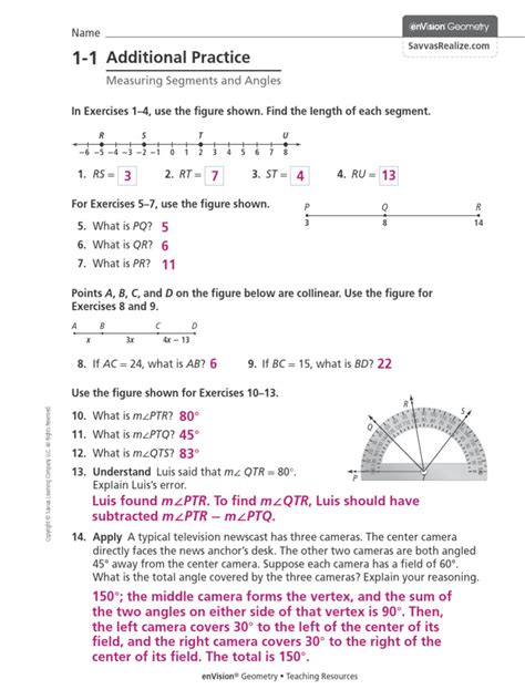 1 1 Additional Practice Measuring Segments And Angles