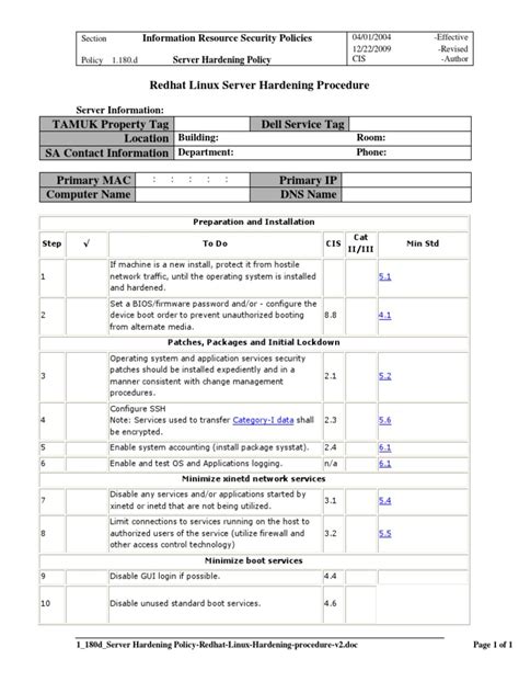 1 180b Server Hardening Policy Redhat Linux Hardening Procedure v2