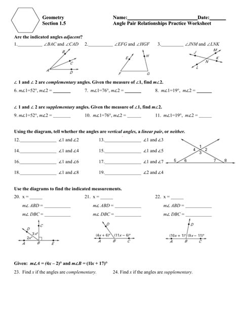 1 5 Angle Pair Relationships Practice Worksheet Answers Angle Pairs Worksheet With Answers - Angle Pairs Worksheet With Answers