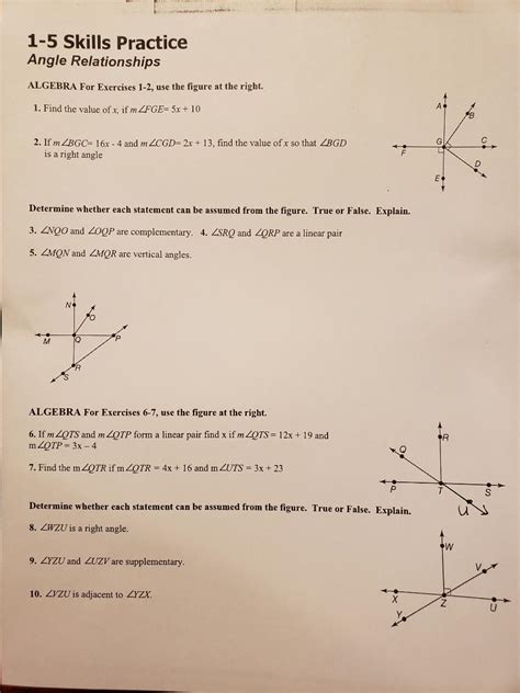 1 5 Angle Relationships Answer Key