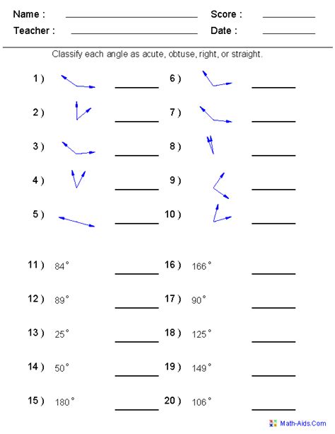 1 7 Practice Worksheet Classifying Angles Answers